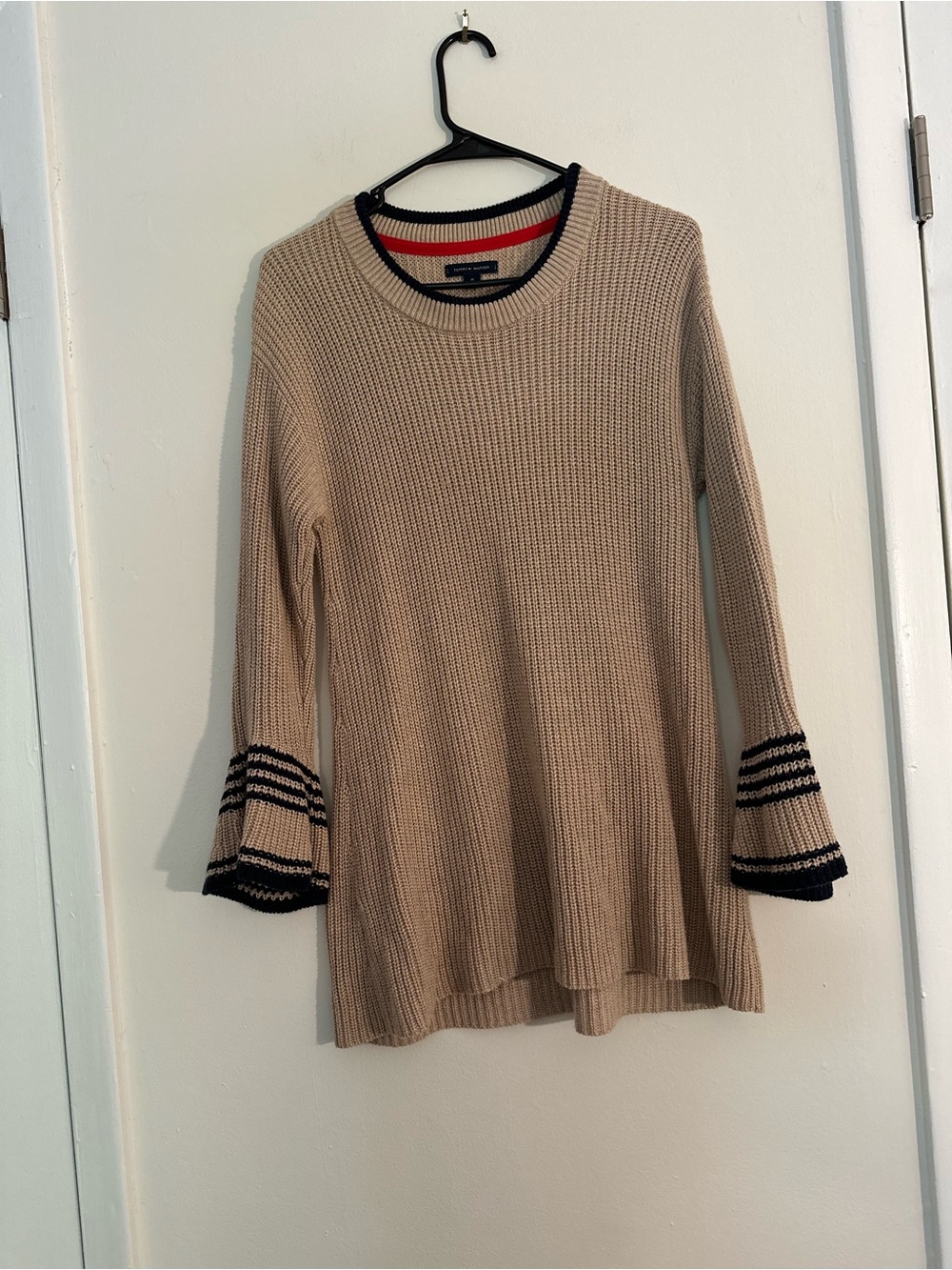 Tommy Hilfiger Beige Knit Bell Sleeve Tunic with Navy Trim